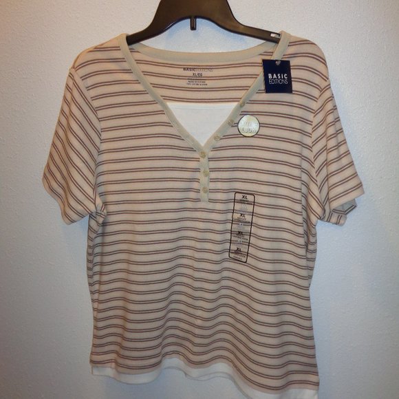 Basic Editions Women's Layered Henley Short Sleeve Striped Top Size XL N… - Picture 1 of 11